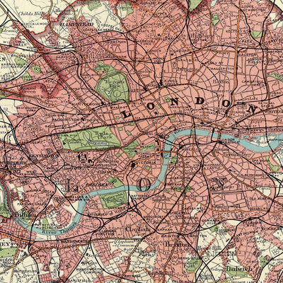 Alte Karte von Groß-London, 1922: Themse, Kleinmaßstab, Vororte 