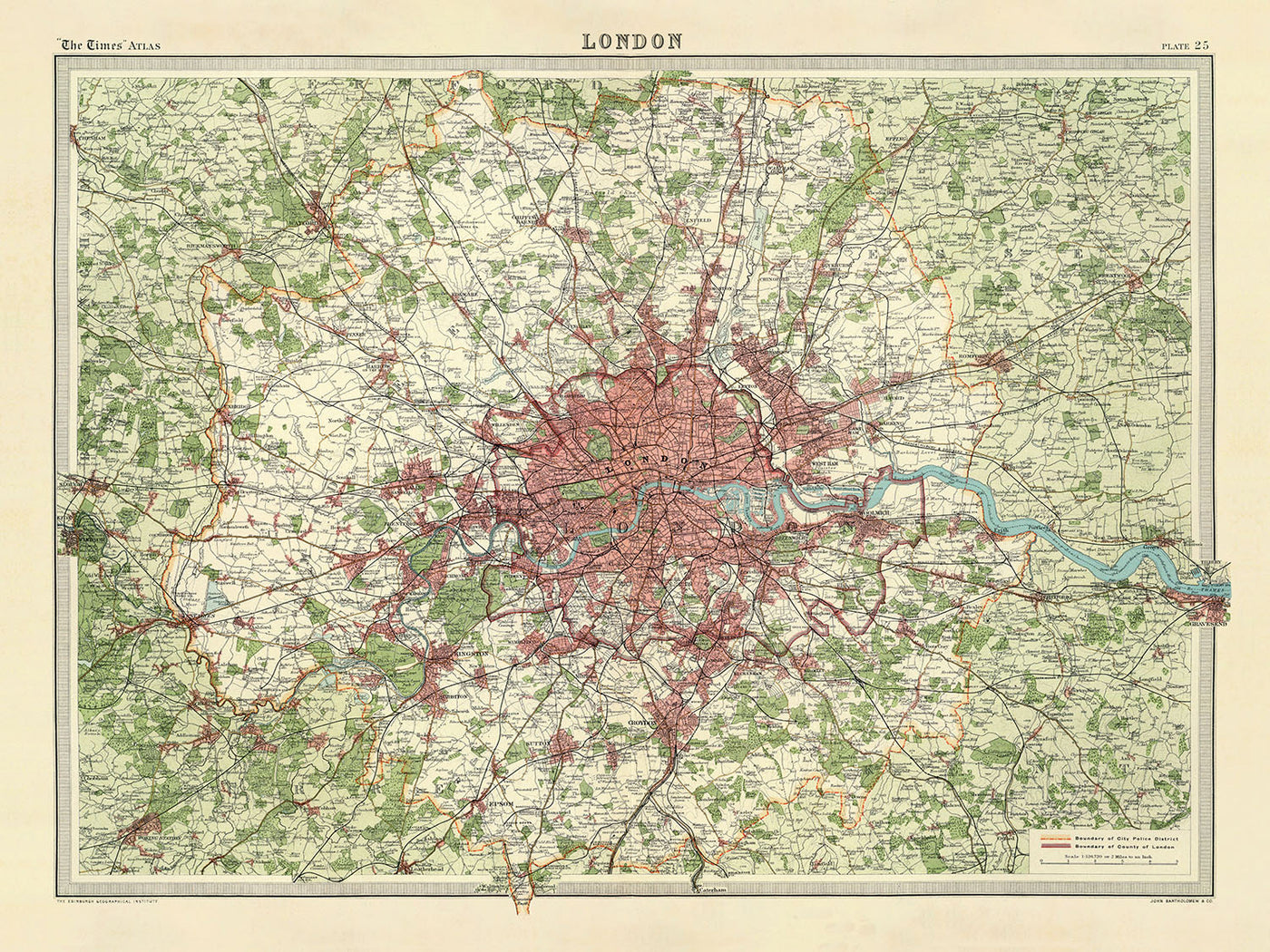 Alte Karte von Groß-London, 1922: Themse, Kleinmaßstab, Vororte 