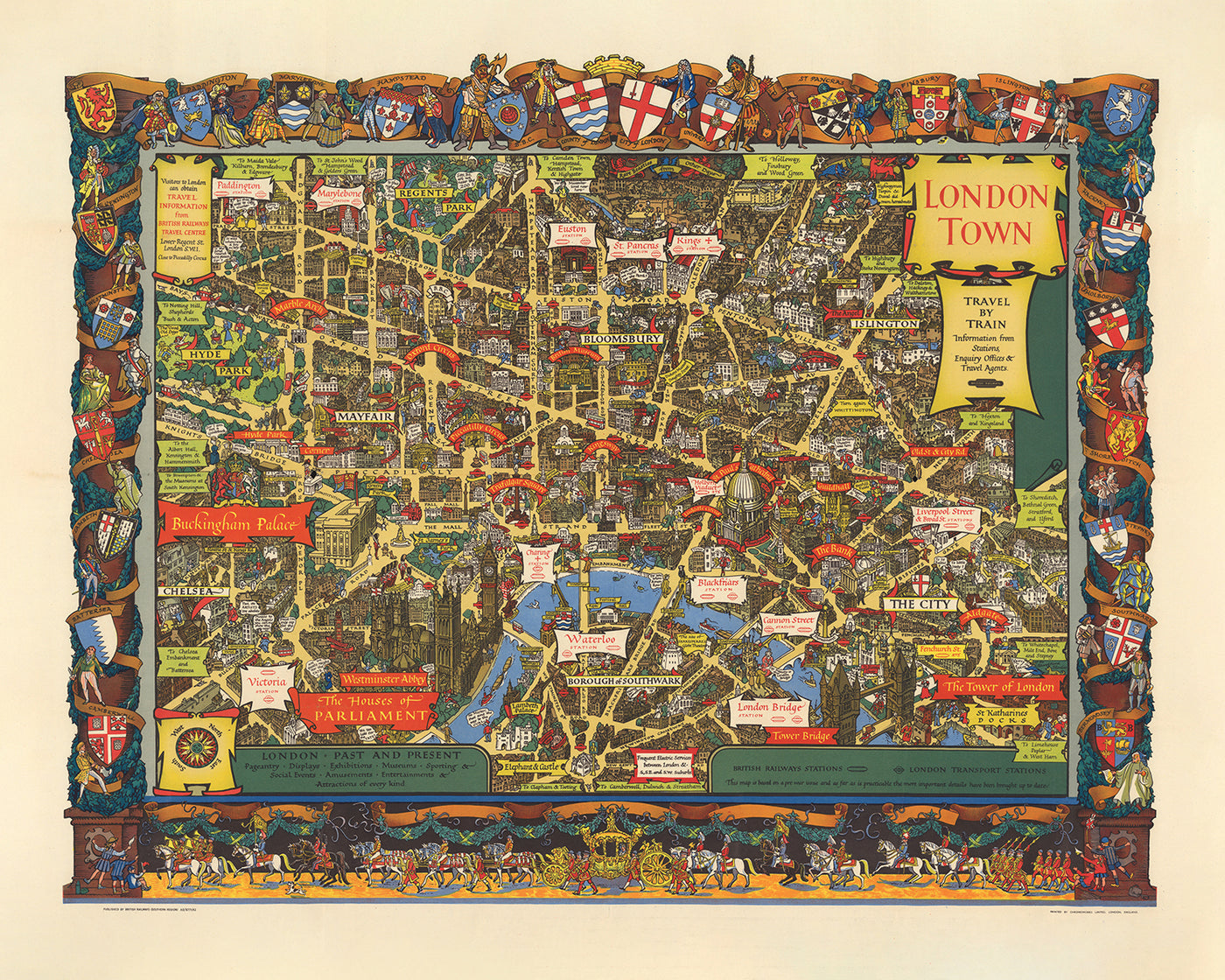 Alter bildlicher Stadtplan von London von British Railways & Kerry Lee, 1953: Tower of London, Parlament, Buckingham Palace, St. Paul's Cathedral 