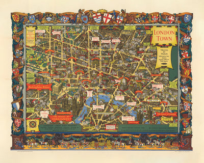 Alter bildlicher Stadtplan von London von British Railways & Kerry Lee, 1953: Tower of London, Parlament, Buckingham Palace, St. Paul's Cathedral 