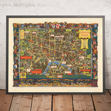 Old Pictorial Map of London Town by British Railways & Kerry Lee, 1953: Tower of London, Parliament, Buckingham Palace, St. Paul&