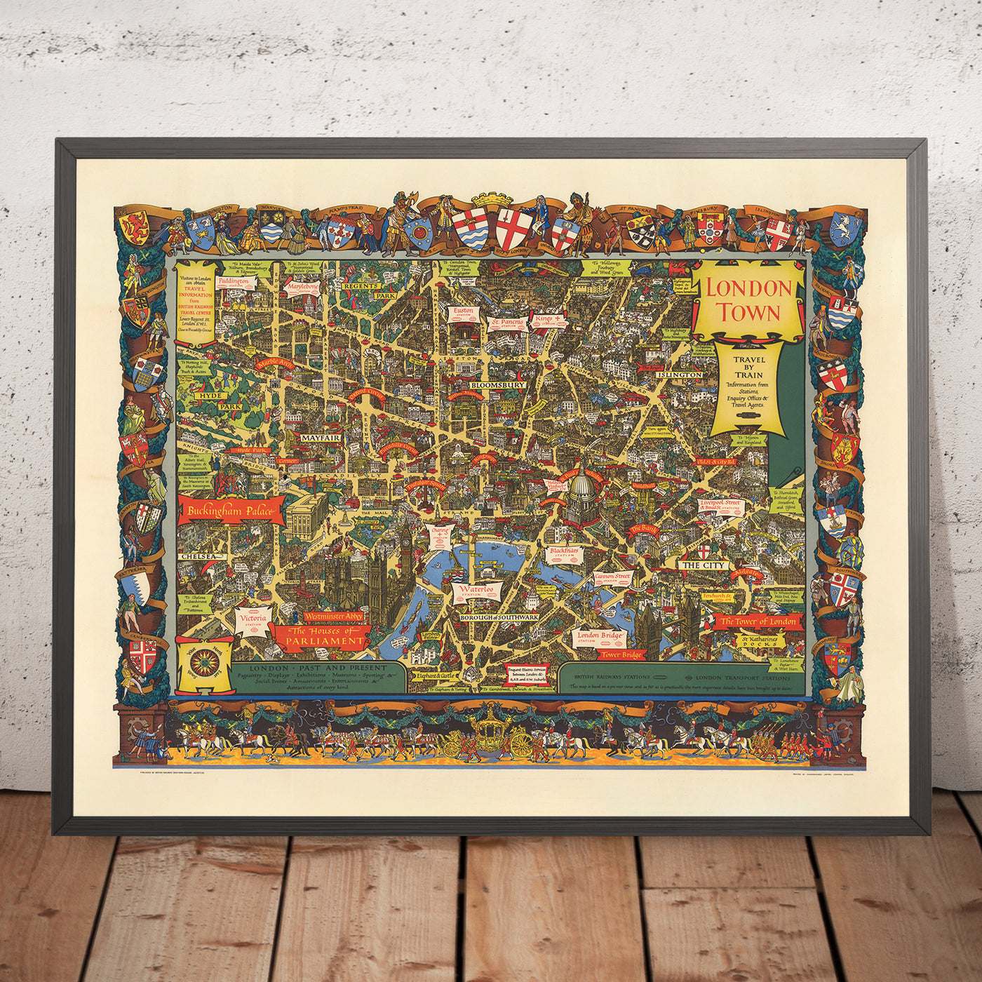 Alter bildlicher Stadtplan von London von British Railways & Kerry Lee, 1953: Tower of London, Parlament, Buckingham Palace, St. Paul's Cathedral 