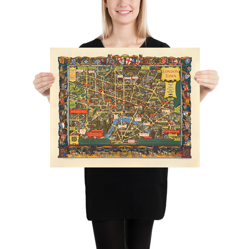Alter bildlicher Stadtplan von London von British Railways & Kerry Lee, 1953: Tower of London, Parlament, Buckingham Palace, St. Paul's Cathedral 
