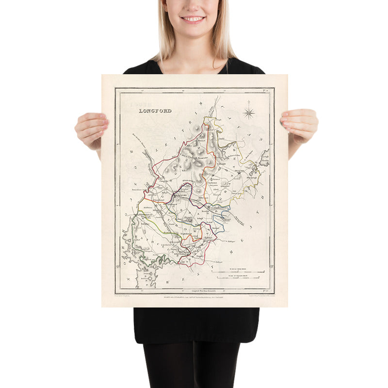 Mapa antiguo del condado de Longford por Samuel Lewis, 1844: Ballymahon, Edgeworthstown, Granard, Abbeyshrule, río Shannon