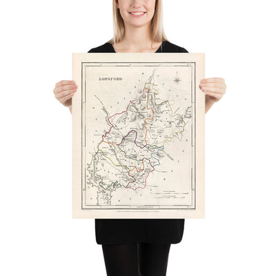 Mapa antiguo del condado de Longford por Samuel Lewis, 1844: Ballymahon, Edgeworthstown, Granard, Abbeyshrule, río Shannon