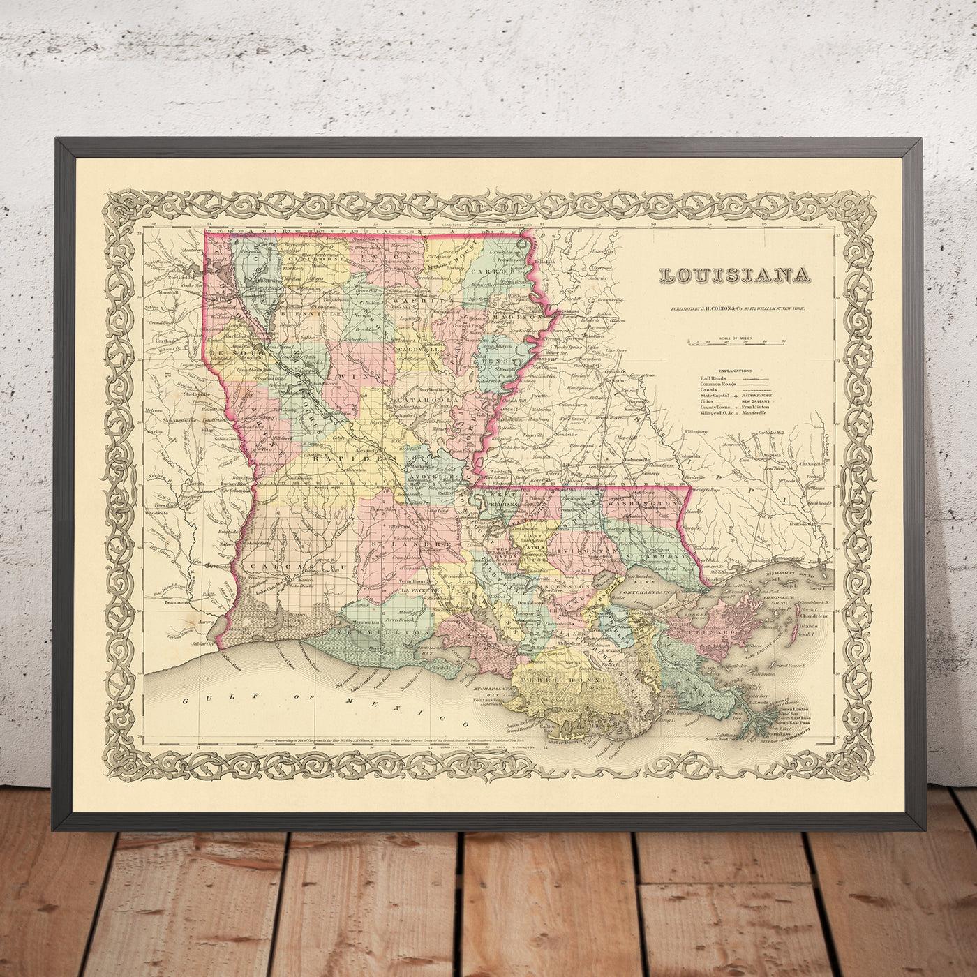 Old Map of Louisiana by J.H. Colton, 1855: New Orleans, Baton Rouge, Shreveport, Lafayette, Lake Charles