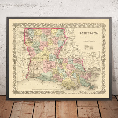 Old Map of Louisiana by J.H. Colton, 1855: New Orleans, Baton Rouge, Shreveport, Lafayette, Lake Charles