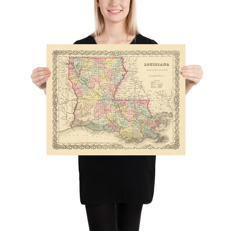 Old Map of Louisiana by J.H. Colton, 1855: New Orleans, Baton Rouge, Shreveport, Lafayette, Lake Charles
