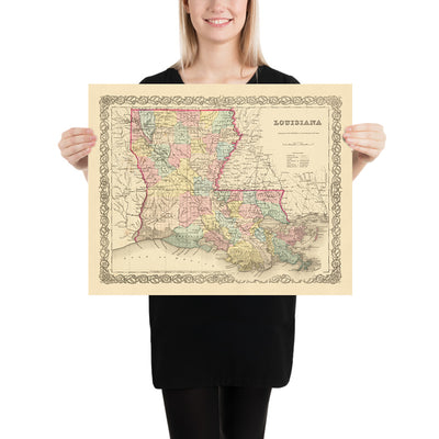 Old Map of Louisiana by J.H. Colton, 1855: New Orleans, Baton Rouge, Shreveport, Lafayette, Lake Charles