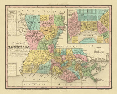 Ancienne carte de la Louisiane par Tanner, 1843 : La Nouvelle-Orléans, Baton Rouge, le lac Pontchartrain, le delta du fleuve Mississippi et le golfe du Mexique
