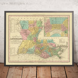Mappa antica della Louisiana di Tanner, 1843: New Orleans, Baton Rouge, Lago Pontchartrain, il Delta del Mississippi e il Golfo del Messico 