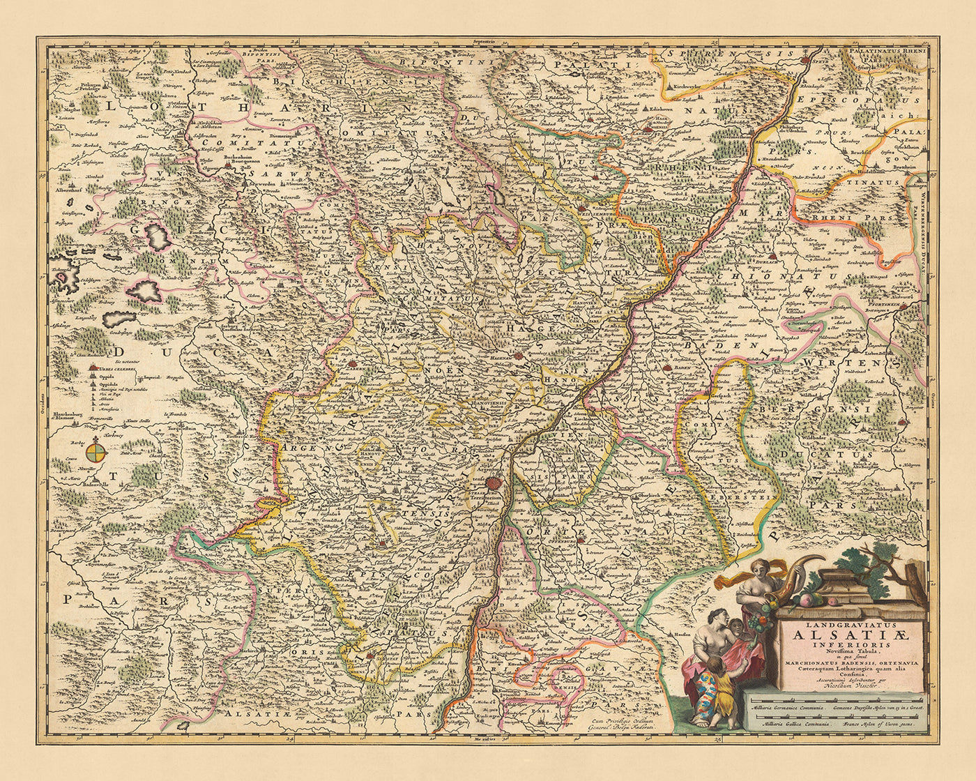 Old Map of Lower Alsace by Visscher, 1690: Strasbourg, Karlsruhe, Pforzheim, Speyer, North Vosges Reserve