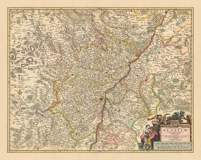 Old Map of Lower Alsace by Visscher, 1690: Strasbourg, Karlsruhe, Pforzheim, Speyer, North Vosges Reserve