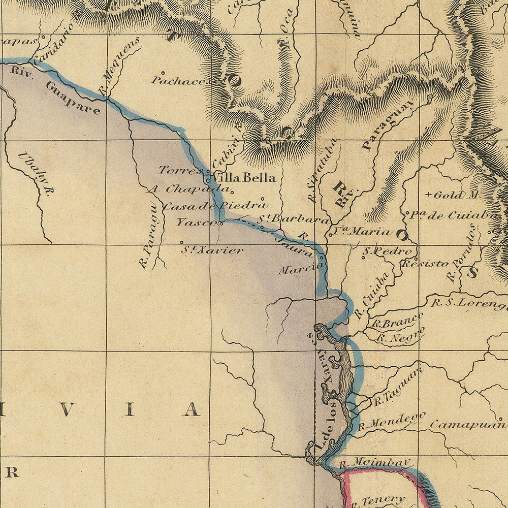 Alte Karte von Südamerika von Lizars, 1838: Amazonas, Rio de Janeiro, Lima, Berge, Grenzen 