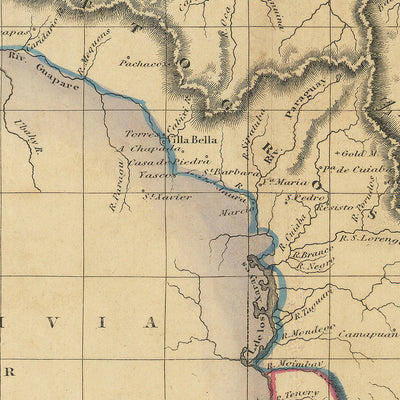 Alte Karte von Südamerika von Lizars, 1838: Amazonas, Rio de Janeiro, Lima, Berge, Grenzen 