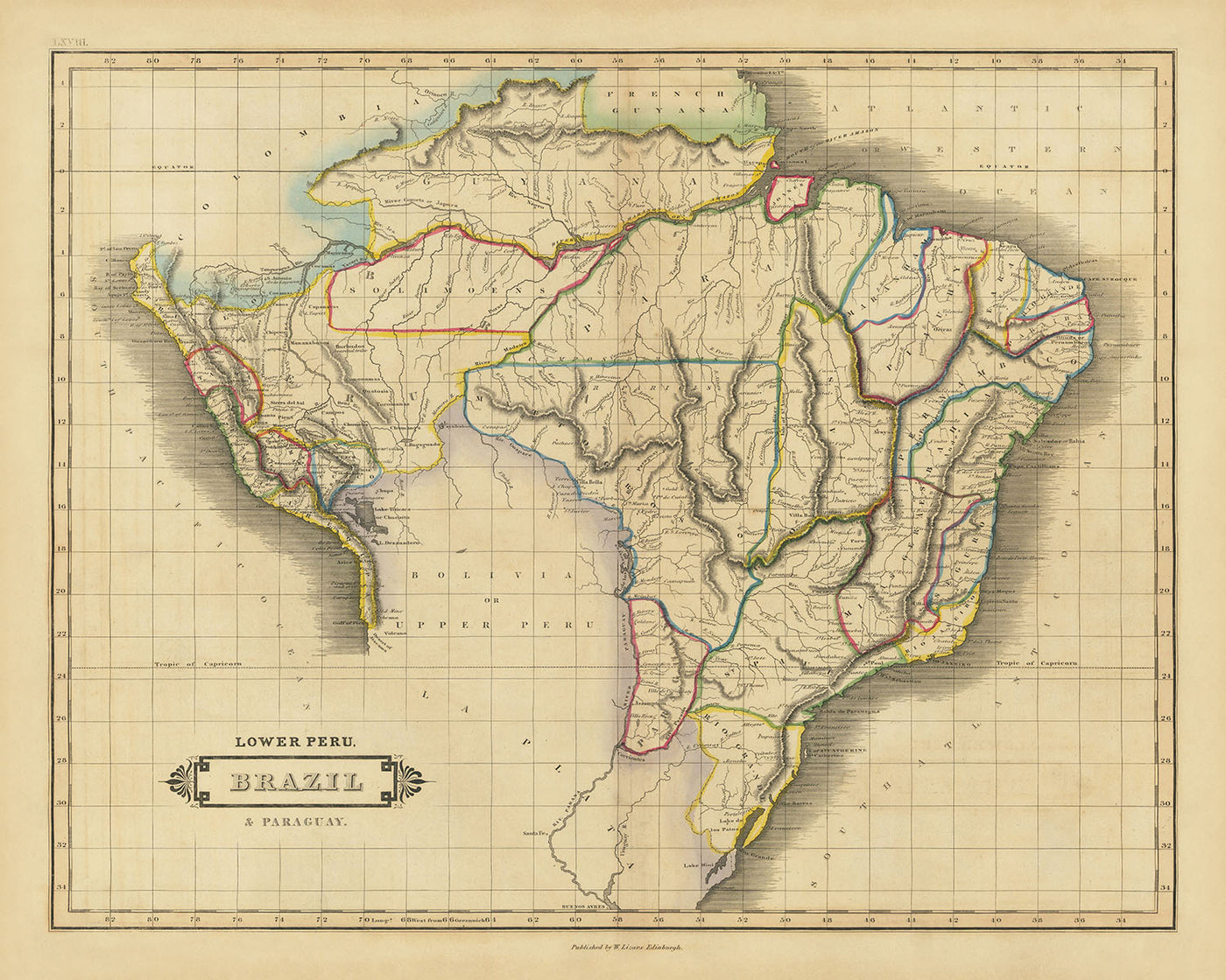 Alte Karte von Südamerika von Lizars, 1838: Amazonas, Rio de Janeiro, Lima, Berge, Grenzen 