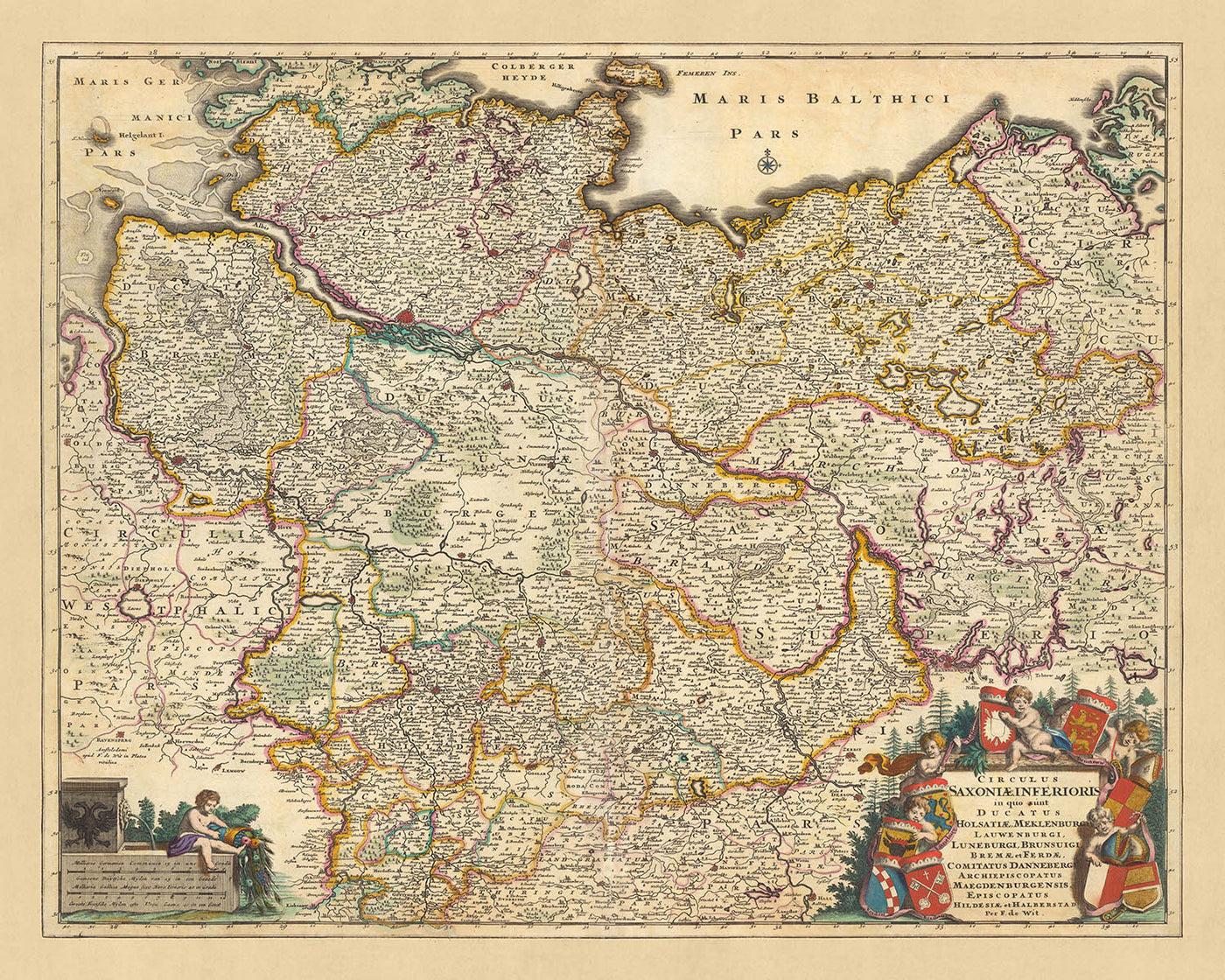 Mapa antiguo de Baja Sajonia por Visscher, 1690: Hamburgo, Berlín, Bremen, Hannover, Mecklemburgo, Valle del Elba