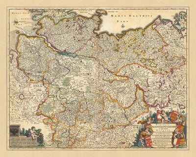 Mapa antiguo de Baja Sajonia por Visscher, 1690: Hamburgo, Berlín, Bremen, Hannover, Mecklemburgo, Valle del Elba