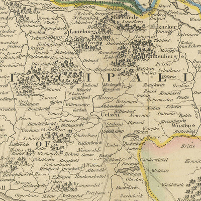 Mapa antiguo de Baja Sajonia de Lizars, 1828: Berlín, Hannover, río Elba, montañas de Harz, mar del Norte