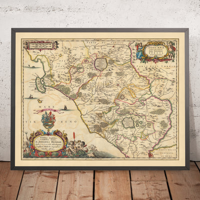 Mapa antiguo de la Baja Toscana, Italia por Visscher, 1690: Viterbo, Roma, Orvieto, Civitavecchia, Parque Bracciano Martignano 