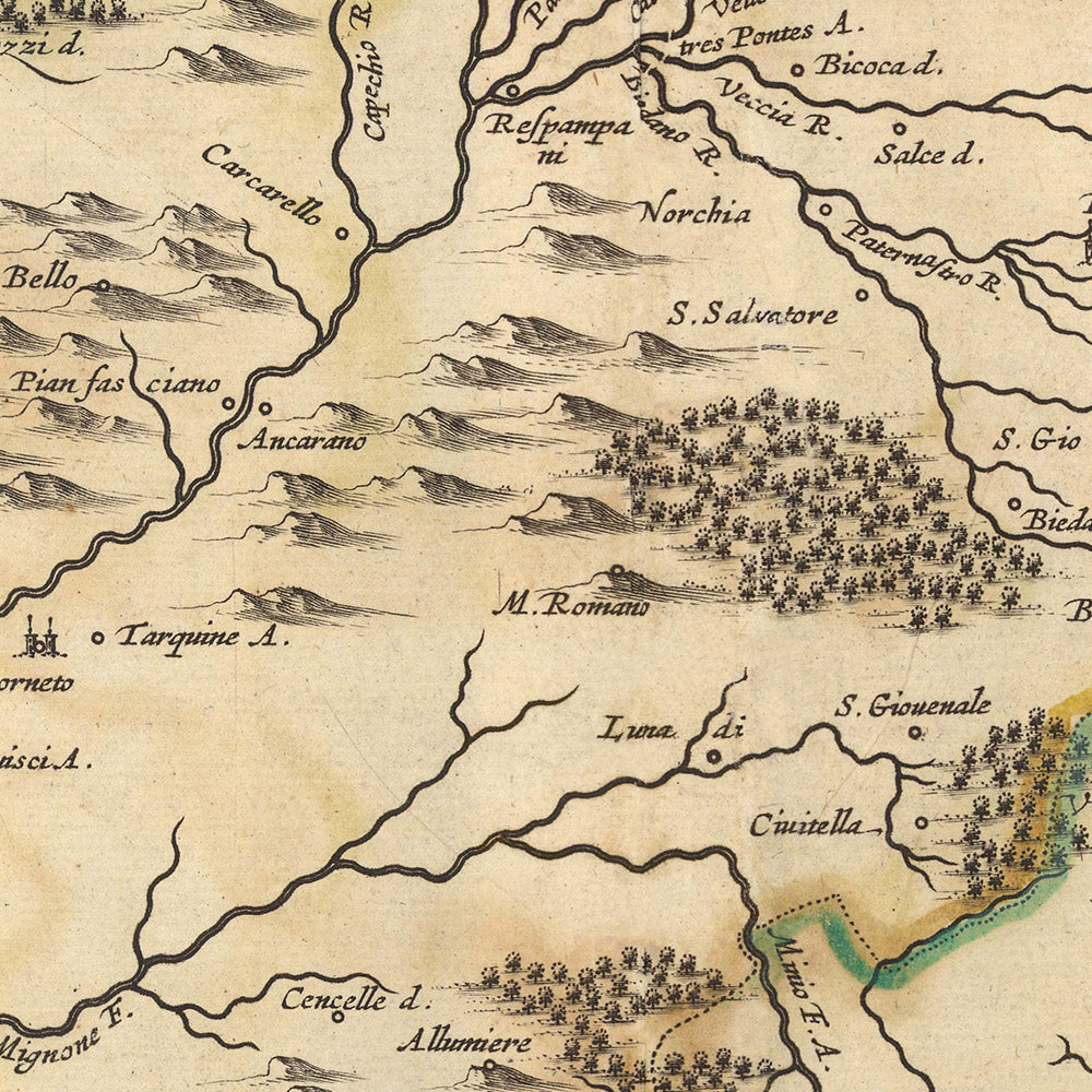 Mapa antiguo de la Baja Toscana, Italia por Visscher, 1690: Viterbo, Roma, Orvieto, Civitavecchia, Parque Bracciano Martignano 