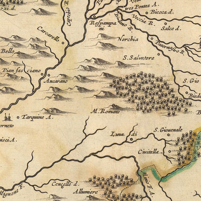 Mapa antiguo de la Baja Toscana, Italia por Visscher, 1690: Viterbo, Roma, Orvieto, Civitavecchia, Parque Bracciano Martignano 