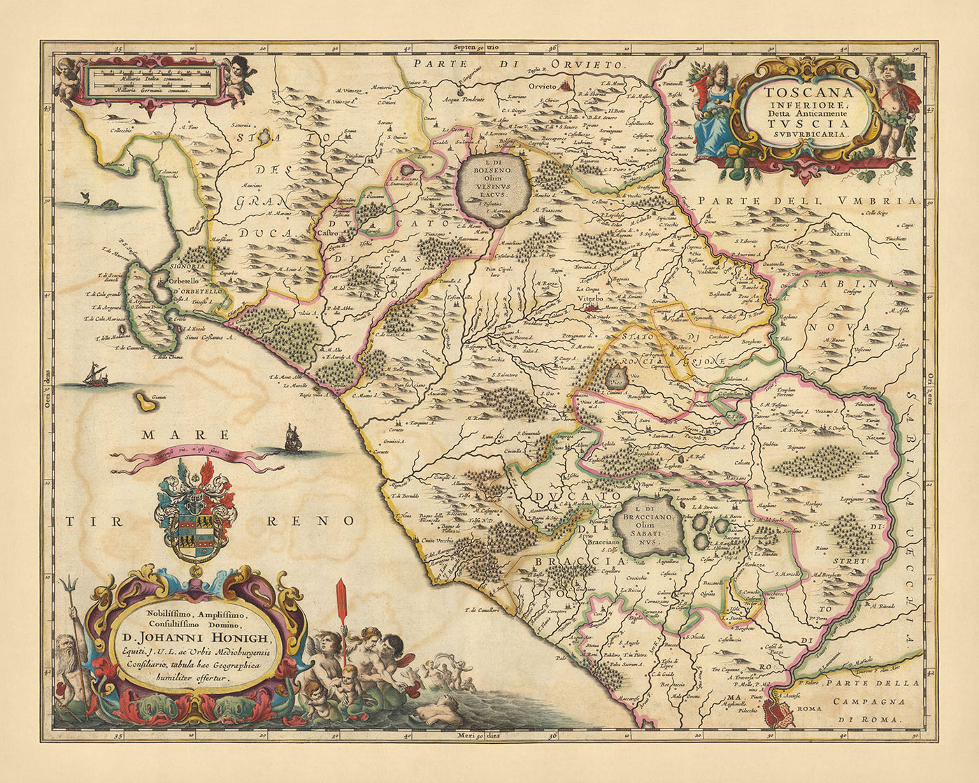 Mapa antiguo de la Baja Toscana, Italia por Visscher, 1690: Viterbo, Roma, Orvieto, Civitavecchia, Parque Bracciano Martignano 