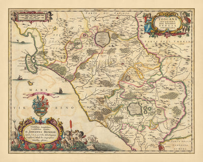 Mapa antiguo de la Baja Toscana, Italia por Visscher, 1690: Viterbo, Roma, Orvieto, Civitavecchia, Parque Bracciano Martignano 