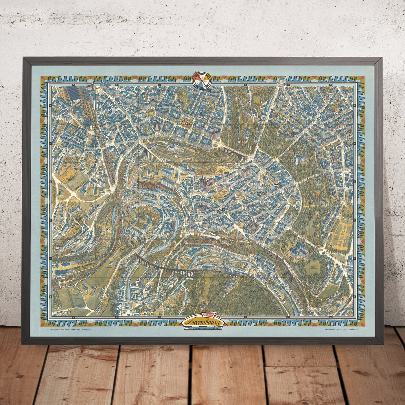 Old Pictorial Map of Luxembourg City by Bollmann, 1961: Adolphe Bridge, Grand Ducal Palace, Notre-Dame Cathedral, Municipal Park, Alzette River