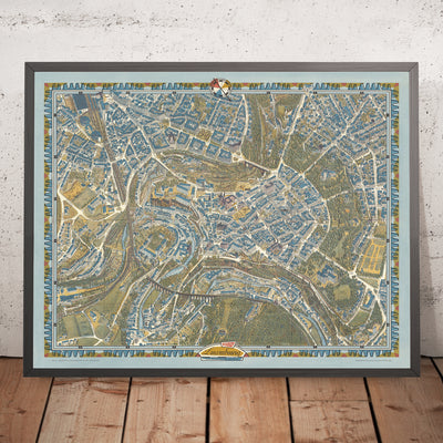 Old Pictorial Map of Luxembourg City by Bollmann, 1961: Adolphe Bridge, Grand Ducal Palace, Notre-Dame Cathedral, Municipal Park, Alzette River
