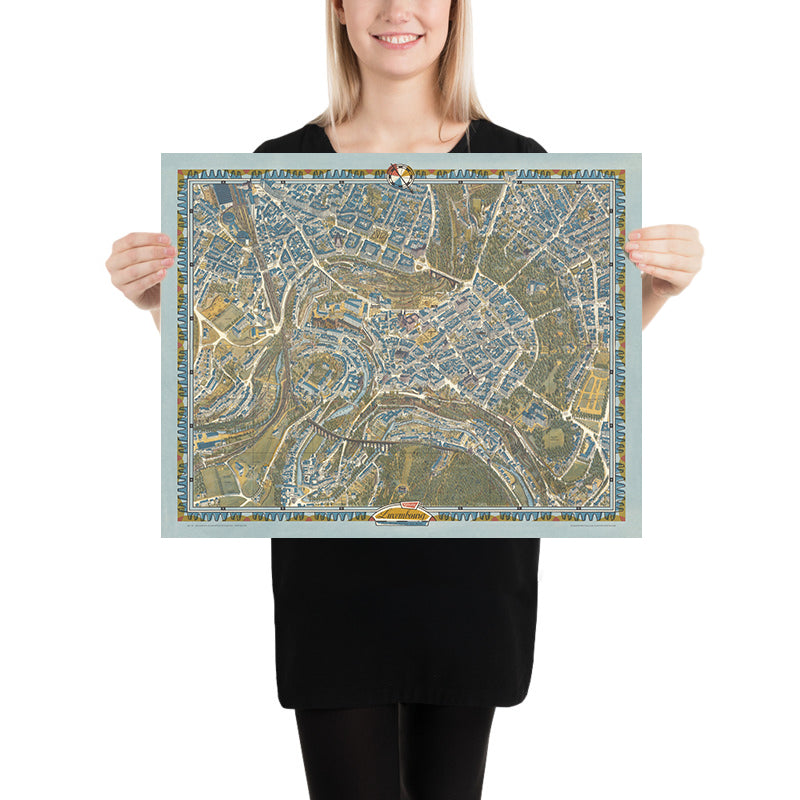 Old Pictorial Map of Luxembourg City by Bollmann, 1961: Adolphe Bridge, Grand Ducal Palace, Notre-Dame Cathedral, Municipal Park, Alzette River