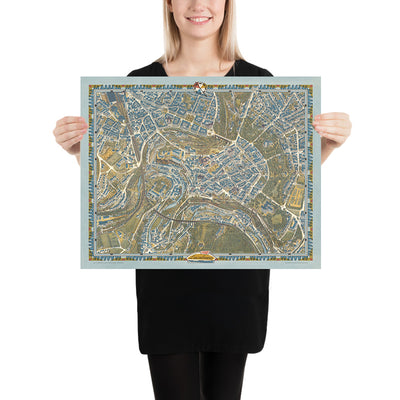 Old Pictorial Map of Luxembourg City by Bollmann, 1961: Adolphe Bridge, Grand Ducal Palace, Notre-Dame Cathedral, Municipal Park, Alzette River