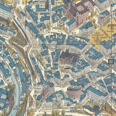 Old Pictorial Map of Luxembourg City by Bollmann, 1961: Adolphe Bridge, Grand Ducal Palace, Notre-Dame Cathedral, Municipal Park, Alzette River