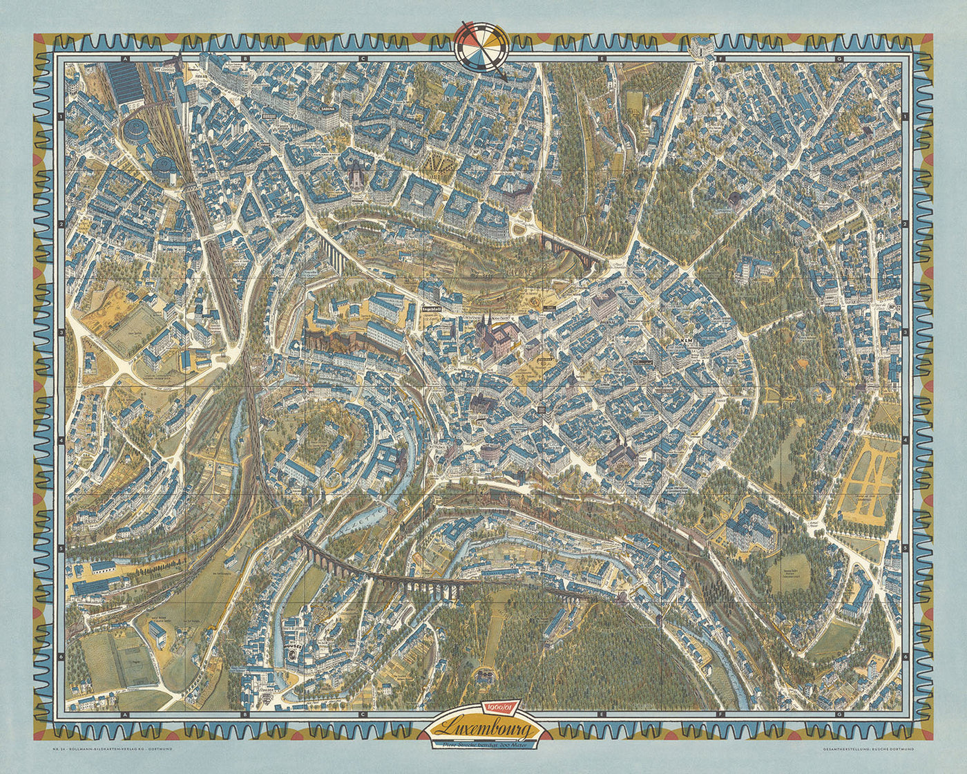 Old Pictorial Map of Luxembourg City by Bollmann, 1961: Adolphe Bridge, Grand Ducal Palace, Notre-Dame Cathedral, Municipal Park, Alzette River