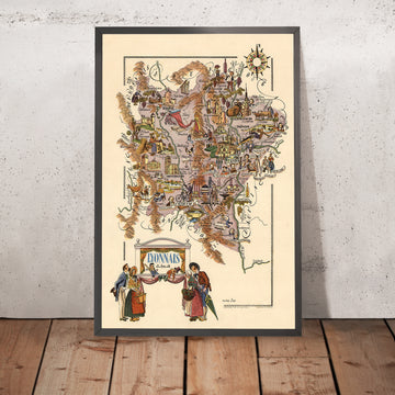 Vecchia mappa pittorica del Lyonnais di Liozu, 1951: Lione, Saint-Étienne, Vigneti, Castelli, Fiumi 