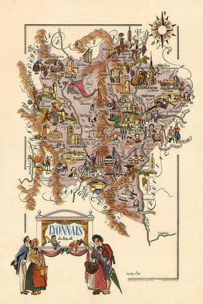 Alter bildlicher Stadtplan von Lyonnais von Liozu, 1951: Lyon, Saint-Étienne, Weinberge, Schlösser, Flüsse 