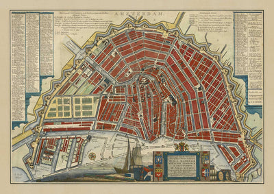 Old Map of Amsterdam in 1766 by Frederik Willem Greebe - The Amstel, The Oude Church, Nieuwevaart, Royal Palace, Lastage
