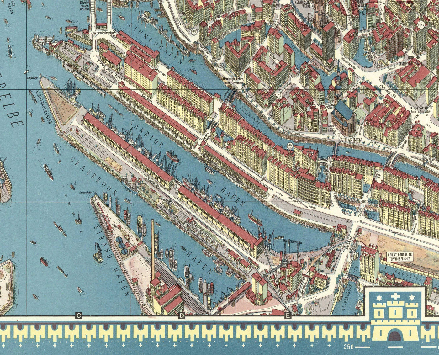 Mapa antiguo de Hamburgo en 1964 por Hermann Bollman - Binnenalster, Alster Lakes, Heiligengeistfeld, Planten un Blomen, Central Station