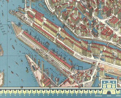 Mapa antiguo de Hamburgo en 1964 por Hermann Bollman - Binnenalster, Alster Lakes, Heiligengeistfeld, Planten un Blomen, Central Station