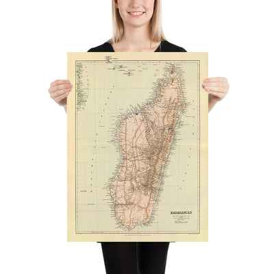 Old Map of Madagascar by Edward Stanford 1901: Antananarivo, Diego Suarez, Tamatave, Majunga, Fort Dauphin