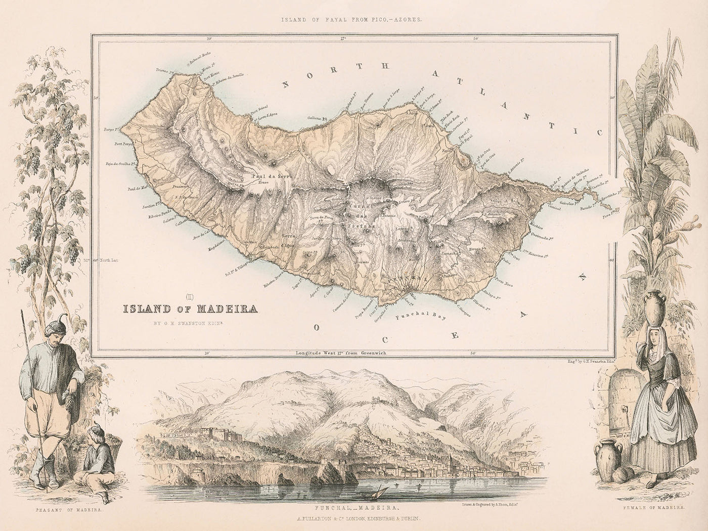 Ancienne carte de Madère par Fullarton, 1865 : Funchal, Pico Ruivo, Baie de Funchal, Vignettes, Topographie