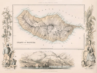 Ancienne carte de Madère par Fullarton, 1865 : Funchal, Pico Ruivo, Baie de Funchal, Vignettes, Topographie