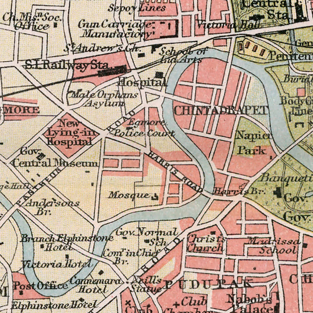 Antigua mapa de Madrás (Chennai), 1893: Centro de la ciudad, Fuerte San Jorge, Playa Marina, Templo de Mylapore 