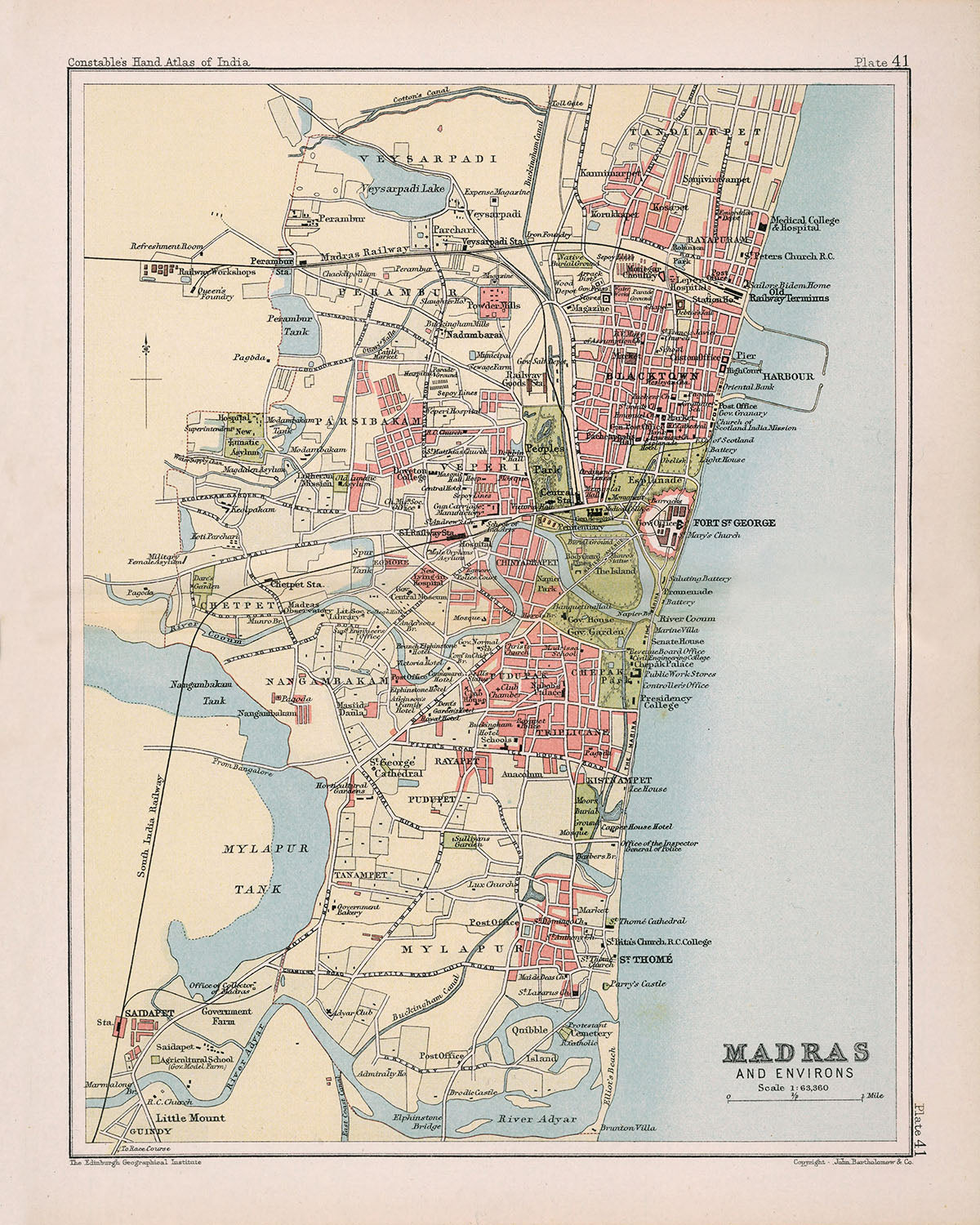Antigua mapa de Madrás (Chennai), 1893: Centro de la ciudad, Fuerte San Jorge, Playa Marina, Templo de Mylapore 