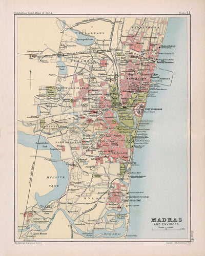 Antigua mapa de Madrás (Chennai), 1893: Centro de la ciudad, Fuerte San Jorge, Playa Marina, Templo de Mylapore 