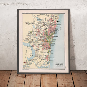 Old Map of Madras (Chennai), 1893: City Centre, Fort St. George, Marina Beach, Mylapore Temple