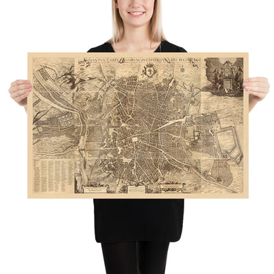 Mapa antiguo raro grande de Madrid por Teixeira, 1656: Plaza Mayor, Calle Mayor, Calle de Alcalá, Iglesias Mayores, Conventos 
