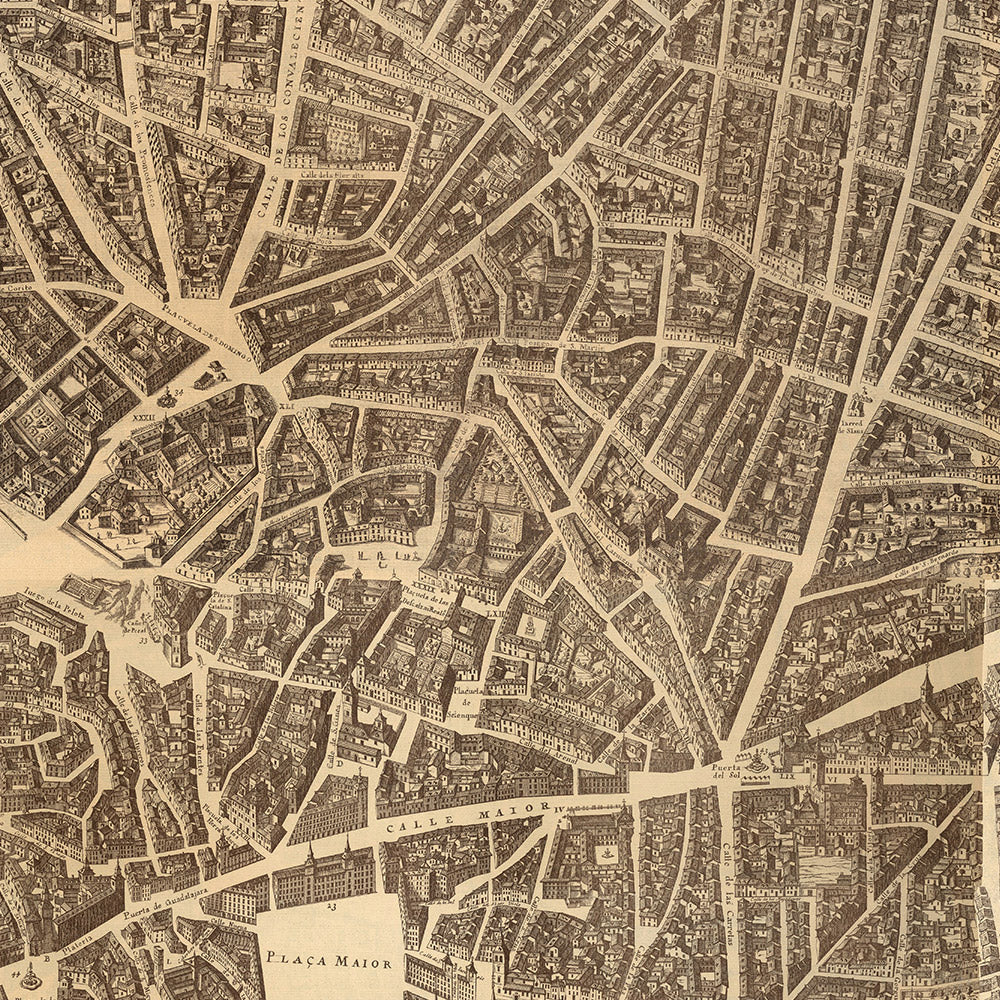 Mapa antiguo raro grande de Madrid por Teixeira, 1656: Plaza Mayor, Calle Mayor, Calle de Alcalá, Iglesias Mayores, Conventos 