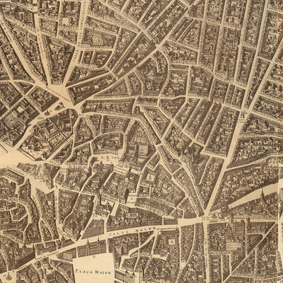 Mapa antiguo raro grande de Madrid por Teixeira, 1656: Plaza Mayor, Calle Mayor, Calle de Alcalá, Iglesias Mayores, Conventos 