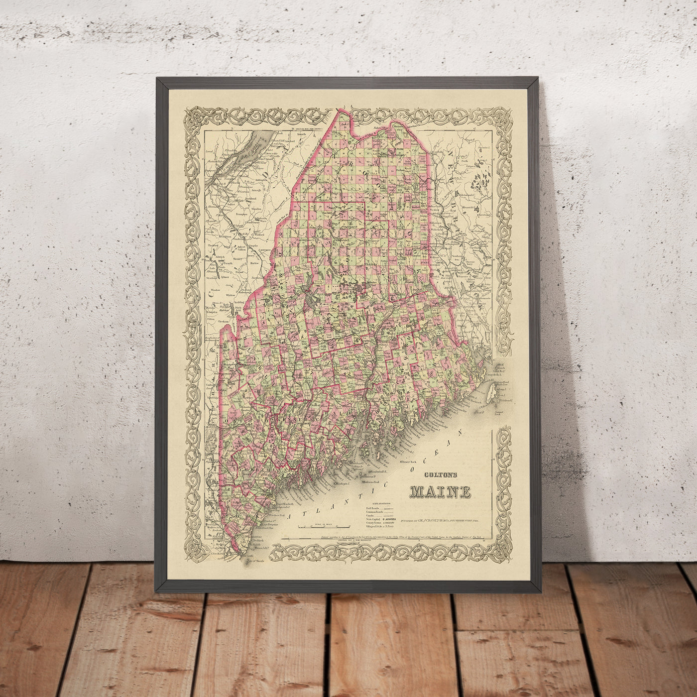 Ancienne carte du Maine par JH Colton, 1855 : Portland, Bangor, Augusta, Lewiston et Bath